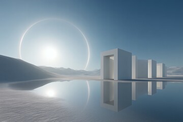 Serene landscape with geometric structures, ethereal ring, and water reflection creating a minimalist, otherworldly atmosphere in a dreamlike setting.
