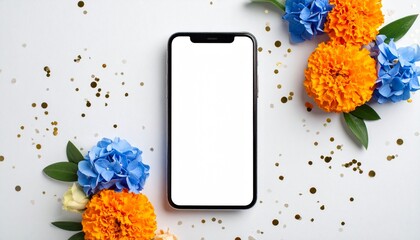 Blank Smartphone Screen with Orange and Blue Flowers and Gold Confetti
