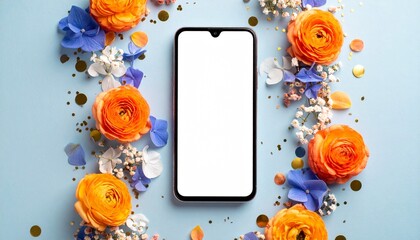 Blank Smartphone Screen with Orange and Blue Flowers and Gold Confetti