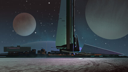 drawn fantastic landscape of the future with planets