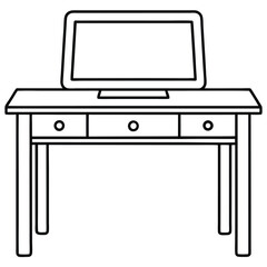 Desk with monitor isolated on transparent background in line art style