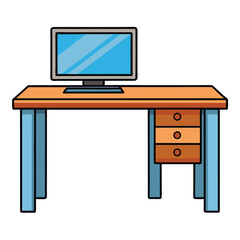 Desk with monitor isolated on transparent background in line art style