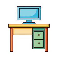 Desk with monitor isolated on transparent background in line art style