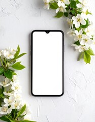Blank Smartphone Screen Mockup with White Flowers and Greenery on a Textured White Background