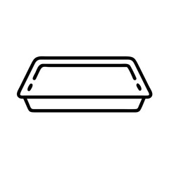 A simple depiction of a rectangular food container with angled sides and bold outline design style
