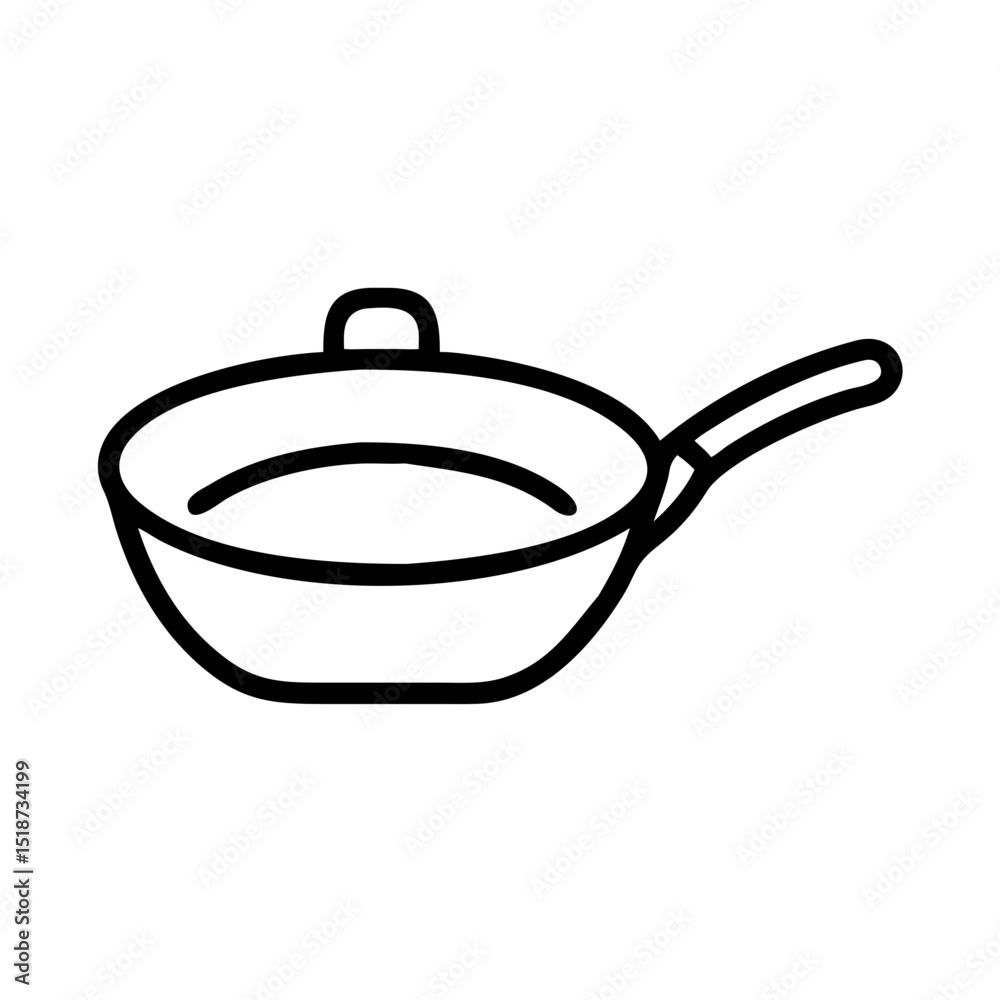 Poster outline drawing displaying a frying pan with a lid and handle in a minimalist design style art form