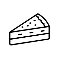 A simple graphic of a slice of cake with dots on top and a wavy edge, outlined in black color, isolated