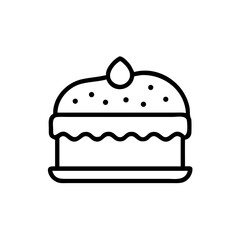 Simple graphic of a cake with topping and sprinkles on a plate in black and white outline style