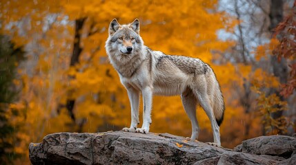 Fototapeta premium Gray wolf on autumn rock