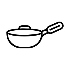 A simple graphic of a cooking wok with a handle and lid depicted in a minimalist line drawing style