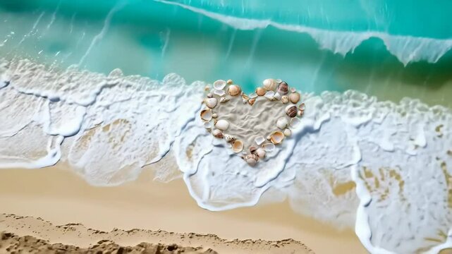 A heart made of shells on a beach. The shells are scattered around the heart, creating a beautiful and unique design. Concept of peace and tranquility, as the shells are arranged in a natural