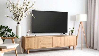 Blank Screen Smart Tv Mockup in Minimalist Living Room with White Blossoms