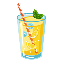 Glass of lemonade with mint, ice cubes, lemon slices and striped straw. Vector cartoon illustration on white background
