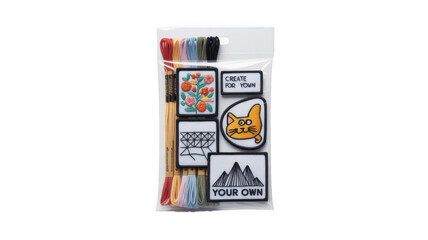 Diy embroidery kit featuring colorful threads, iron on patches with a cat, flowers, and geometric patterns, all packaged in a transparent plastic bag for creative projects