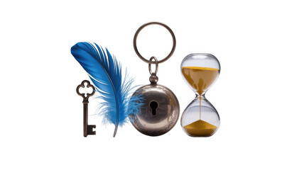 Featuring a key, blue feather pen, padlock, and hourglass on a transparent background, presenting a rich concept intertwined with history, writing, secrets, and the passage of time