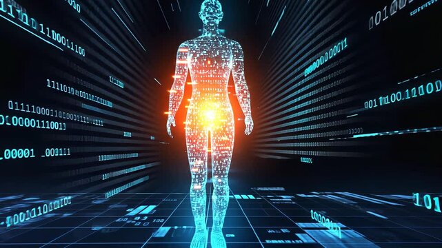 Digital Man Blue and Orange Color Dots Walking. motion video.