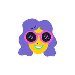 Cool Girl with Purple Hair and Sunglasses – Bright Vector Avatar for Summer Apps, Teen Games, and Beach-Themed UI in Vibrant Yellow and Blue Colors
