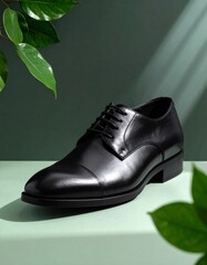 Black Leather Men's Dress Shoe Mockup with Green Leaves and Shadow