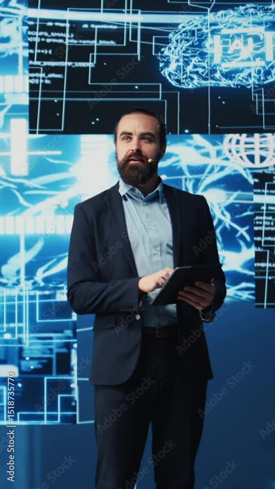 Poster vertical video it engineer hosting public speaking event to present new ai tech tools, showcasing ne
