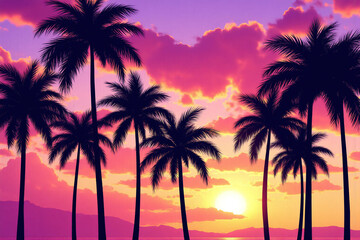 group of palm trees are silhouetted against a colorful sunset