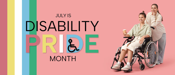 Young woman in wheelchair with coffee and her friend on pink background