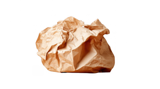 Crumpled brown paper bag resting on a transparent background, creating a textured and discarded appearance, suitable for concepts related to waste, packaging, or disposal with copy space