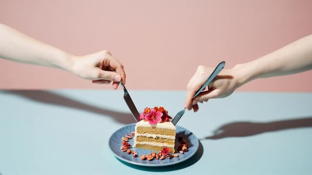 Hands with Knife and Fork Approaching a Slice of Cake