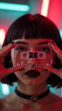 Woman with Cassette Tape Over Eyes, Neon Lighting