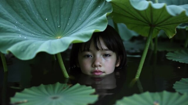 Girl's face emerging from water lilies