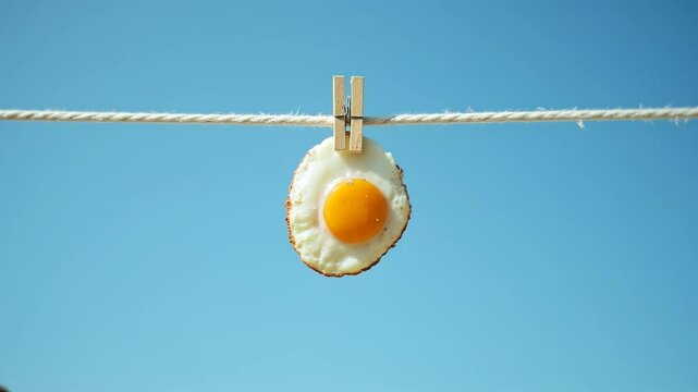 Fried Egg Hanging on a Clothesline Against a Blue Sky