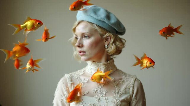 Woman in beret surrounded by goldfish, conceptual portrait