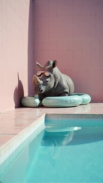 Rhinoceros in Sunglasses Relaxing on Inflatable Ring by Pool
