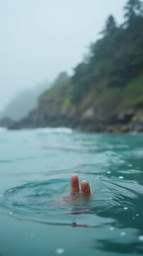 Hand with Wave Tattoo Emerging from Water, Peace Sign