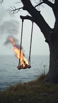 Burning Fire on a Child's Swing Hanging from a Tree by the Sea