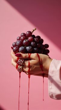 Red Grapes and Ruby Rings Dripping Juice on Pink Background