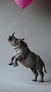 Young rhinoceros carrying a pink balloon