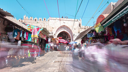 Damascus Gate or Shechem Gate timelapse hyperlapse, one of the gates to the Old City of Jerusalem,...