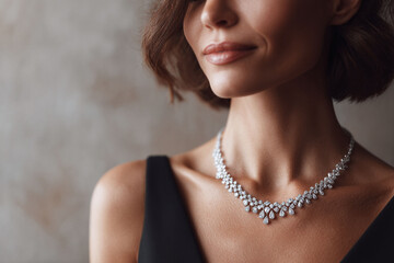 Elegant woman wearing a luxurious diamond necklace. Focus on beauty, sophistication, and style. Ideal for jewelry ads, fashion, or upscale lifestyle content.