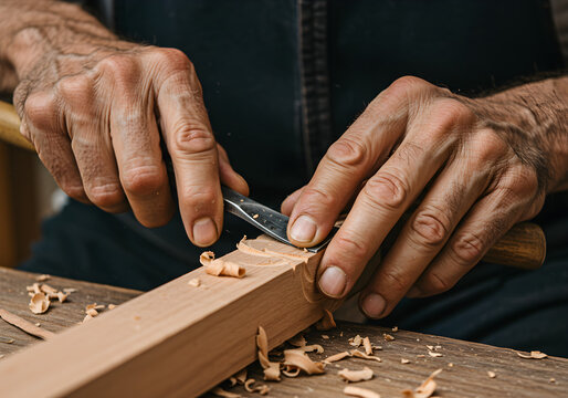 Skilled hands carving wood with a sharp chisel and wood shavings