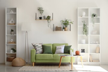 Cozy green sofa, coffee table, shelving units and floor lamp in interior of light living room