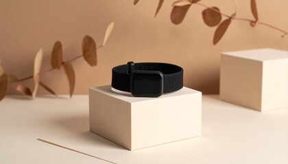 Black Fabric Wristband Product Mockup on Beige Platform