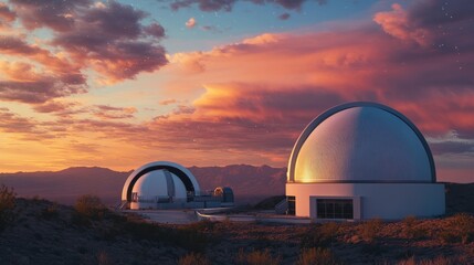 Sunset view of astronomical observatories on a mountaintop.