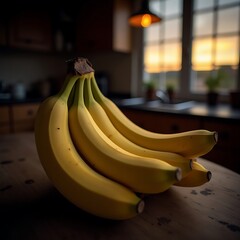 Bunch of Bananas on a Wooden Table in Kitchen Setting