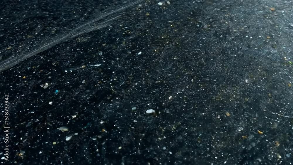 Poster close up of textured surface with dark specks and complex pattern, creating smooth visual effect tha