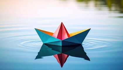 Colorful Origami Boat Floating On Water