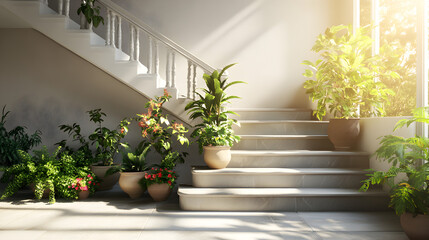 un diseño de escaleras interiores junto a un ventanal con macetas y plantas decorativas diseño de interiores moderno y botanico floral 