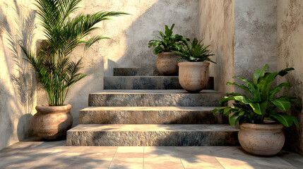 escaleras al exterior de un jardin de una casa o hacienda con macetas decorativas diseño floral ornamental abstracto con follaje 