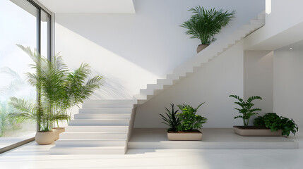 un diseño de una escalera dentro de una casa moderna minimalista con diseño elegante de lujo iluminado y sobrio con plantas en macetas decorativas 