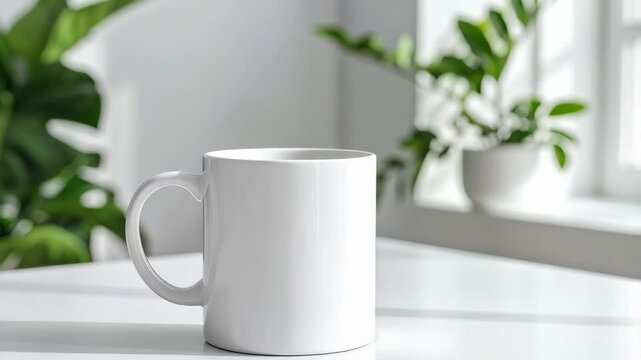 White ceramic mug mockup on white table with green plants in background, minimal and clean style for graphic design template