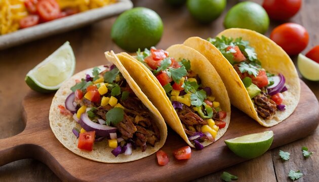 Three tacos on a wooden cutting board with limes and tomatoes.